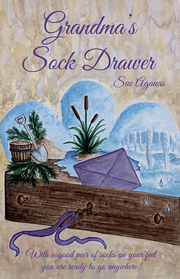 The cover of Grandmas Sock Drawer by Sue Agauas includes a purple kite cattails and an ice cave