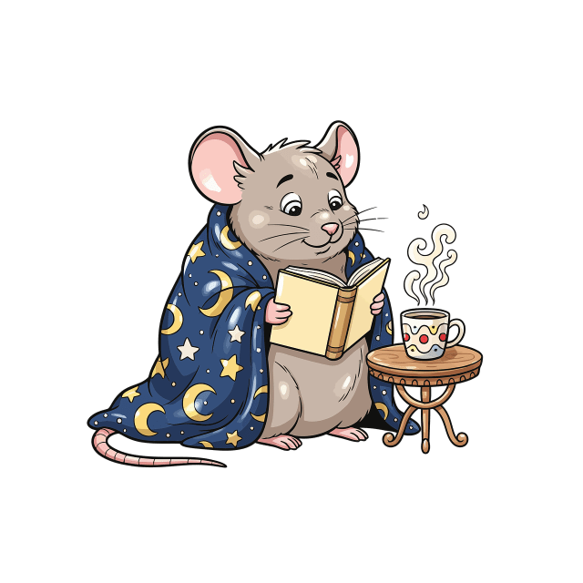A cartoon mouse holding a book, wearing a robe, and drinking tea