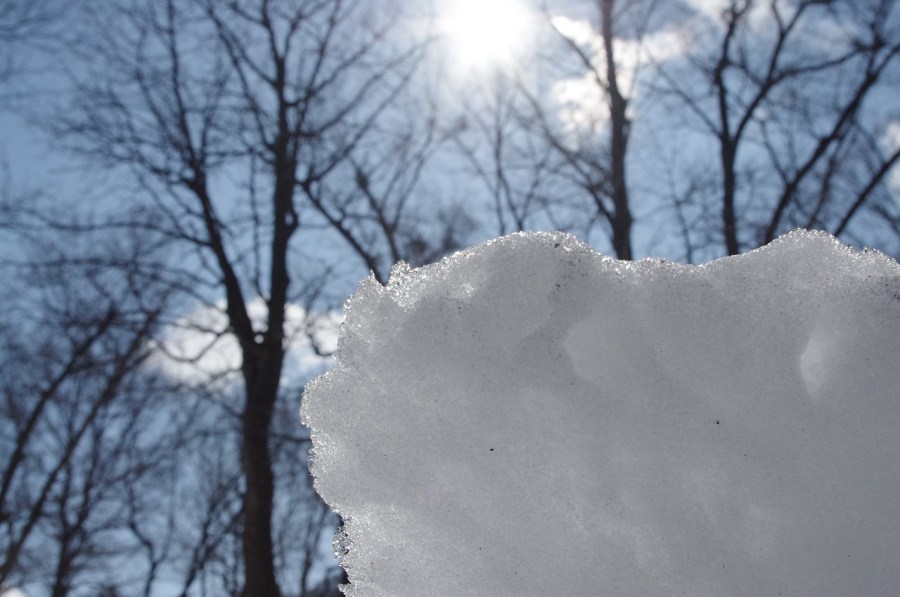 a photo of snow, bare trees without leaves, and a blue sky with clouds and sunshine on a winter day