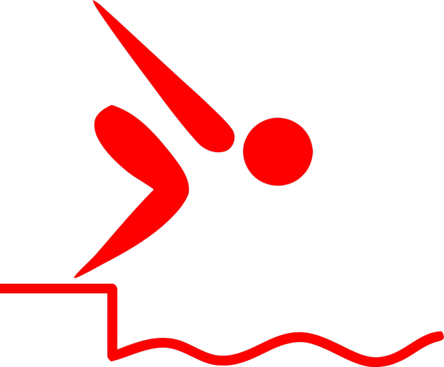 A diver at a starting block, stick form, ready to jump into the water