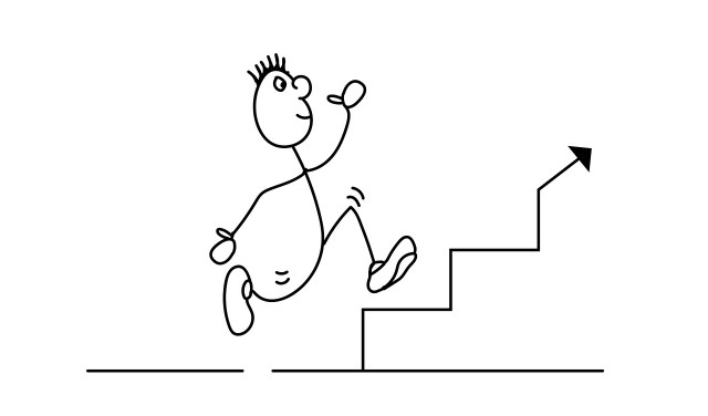 A stick figure walking up steps