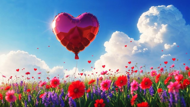 A red heart-shaped balloon floating over a meadow of pink and red flowers, the bright blue sky has a few clouds.