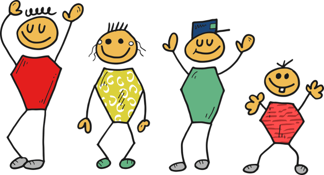 a cartoon of happy people smiling and dancing, drawn much like stick figures but with bodies filled in with red, yellow, or green to suggest colorful outfits