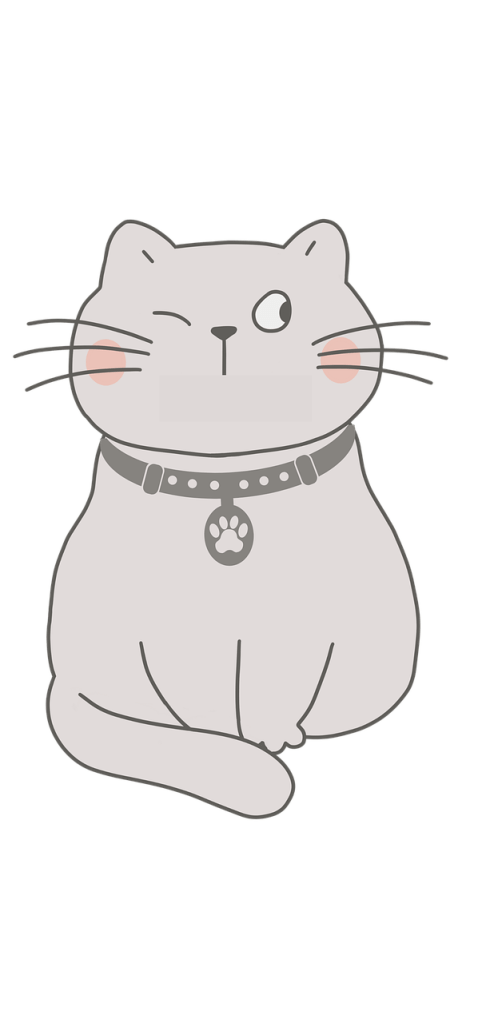 Image of a cartoon cat, sitting, it has a collar around its neck, and is winking one eye