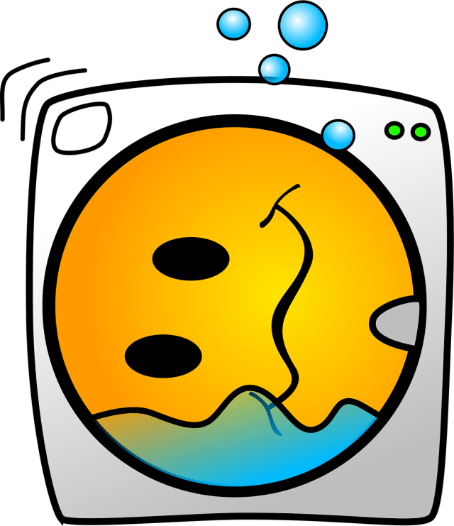 a cartoon image of a wash machine with a big smiley face inside with water and bubbles