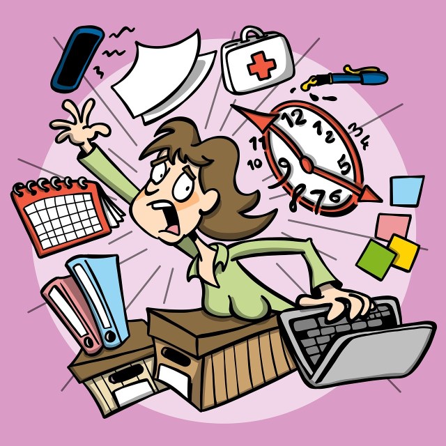 A cartoon image of a woman at a desk and she is surrounded by stressful items like computer, post it notes, accordion files, calendars, and more and she looks frantic