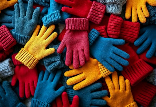 Photo of lots of bright colored gloves in yellow, blue, pink, and red