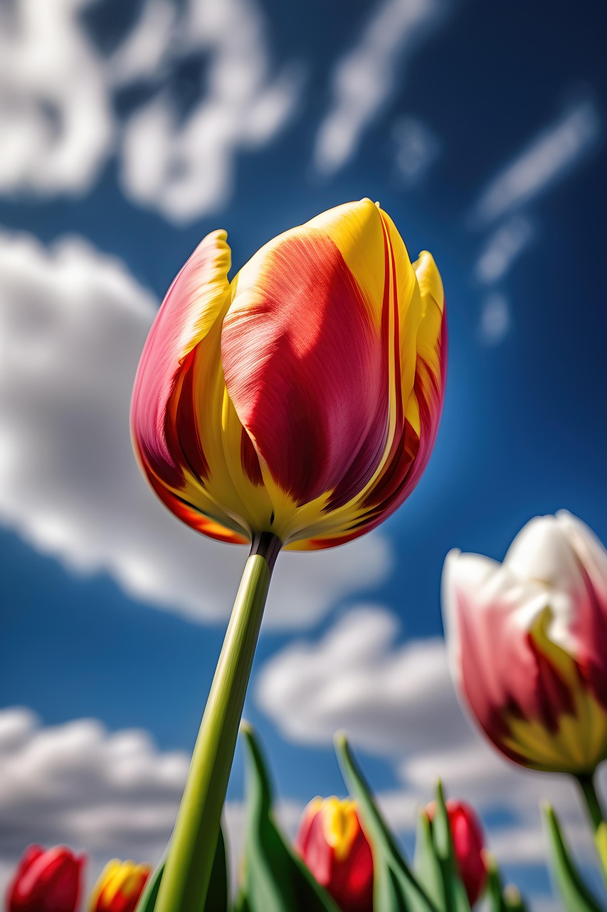 photo by AI of red and yellow tulip against a sunny blue sky with white clouds