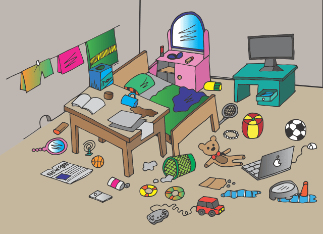 cartoon of a mess room with clutter and misplaced items.
