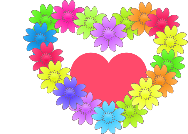simple artwork of a heart-shaped wreath made with colorful flowers