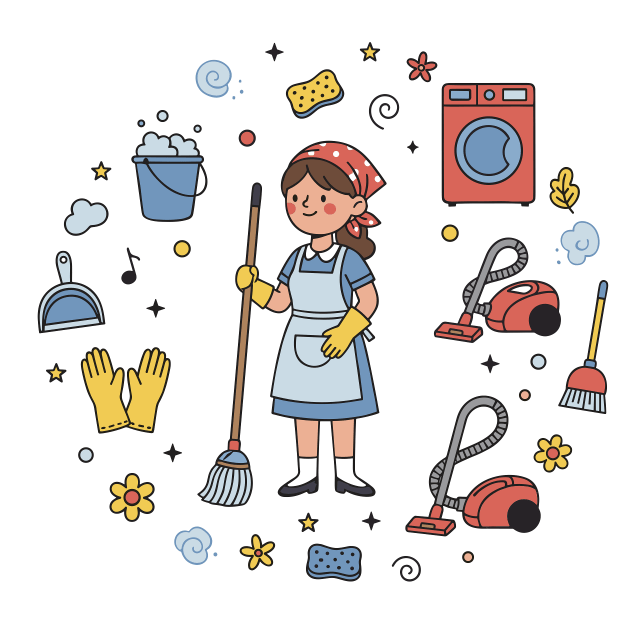 Image of a girl holding a broom surrounded by all the aspects of keeping a clean home such as buckets of soapy water, washing machines, rubber gloves, and vacuums to name a few.