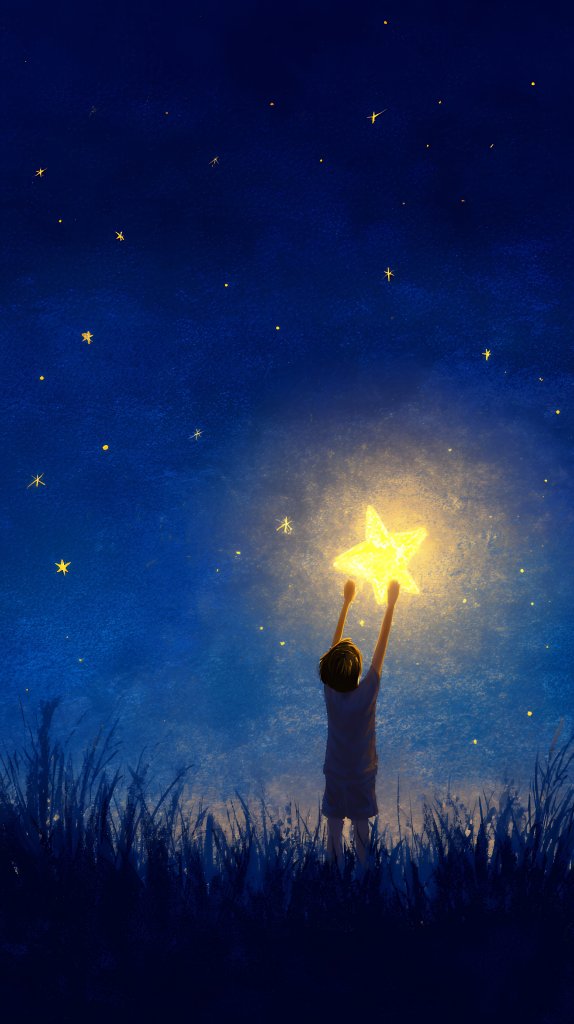 Image of a child picking a bright golden shining star against the beautiful dark blue night sky