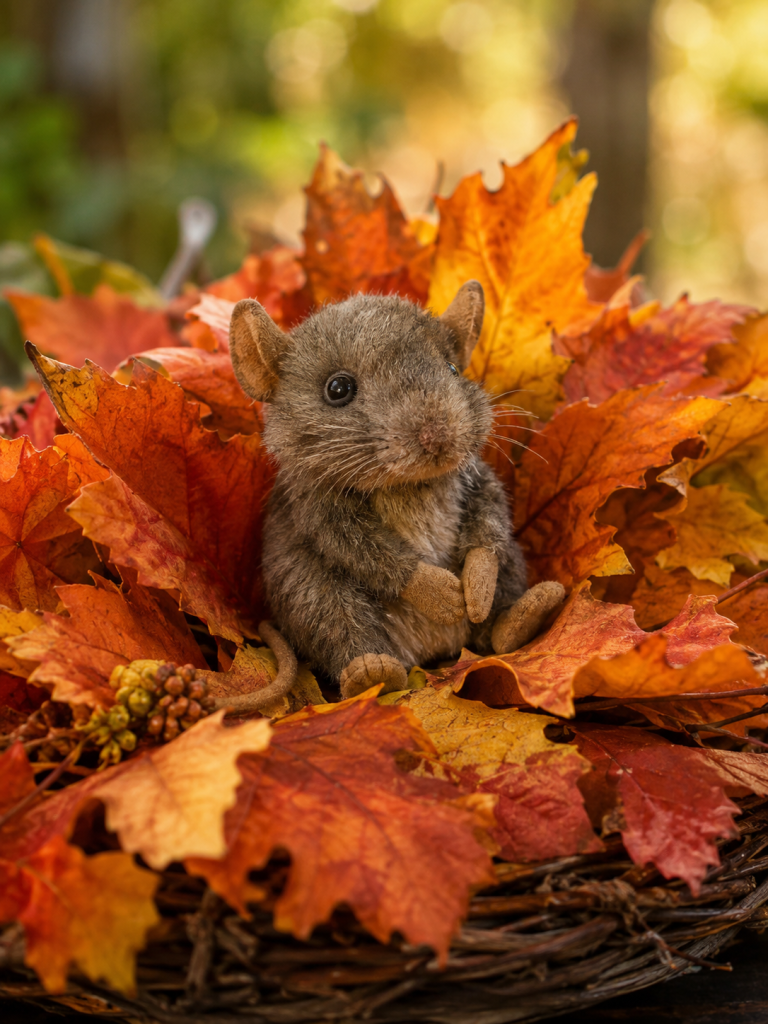 An image of Evert the Shrew, a stuffed animal in this image, sitting in a bouquet of beautiful orange and gold autumn leaves. 