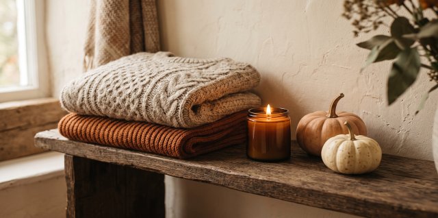 Autumn sweaters, folded and placed on the counter top along with some small decorative gourds