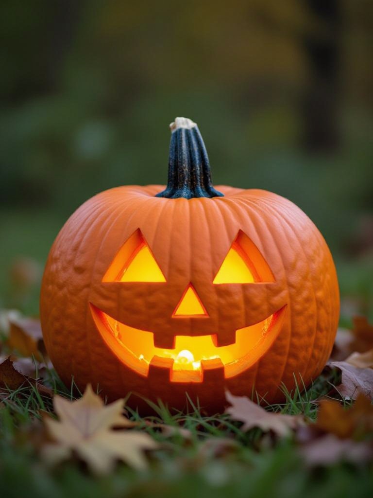 a carved pumpkin with a smile and autumn leaves nearby