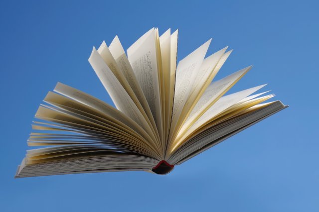 A book, opened with he pages apart, flying across the blue sky