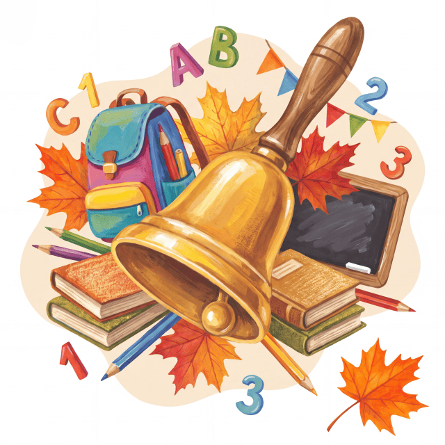 School bell and books with autumn leaves and school supplies