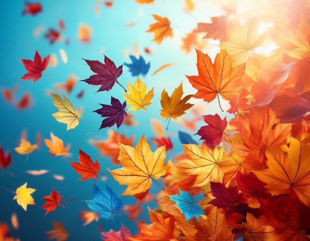 blowing colorful leaves in the sunlight
